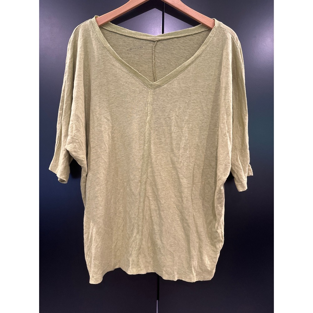 Eileen Fisher Womens Large Olive‎ Green 100% Linen V-Neck Boxy Top Elbow Sleeve